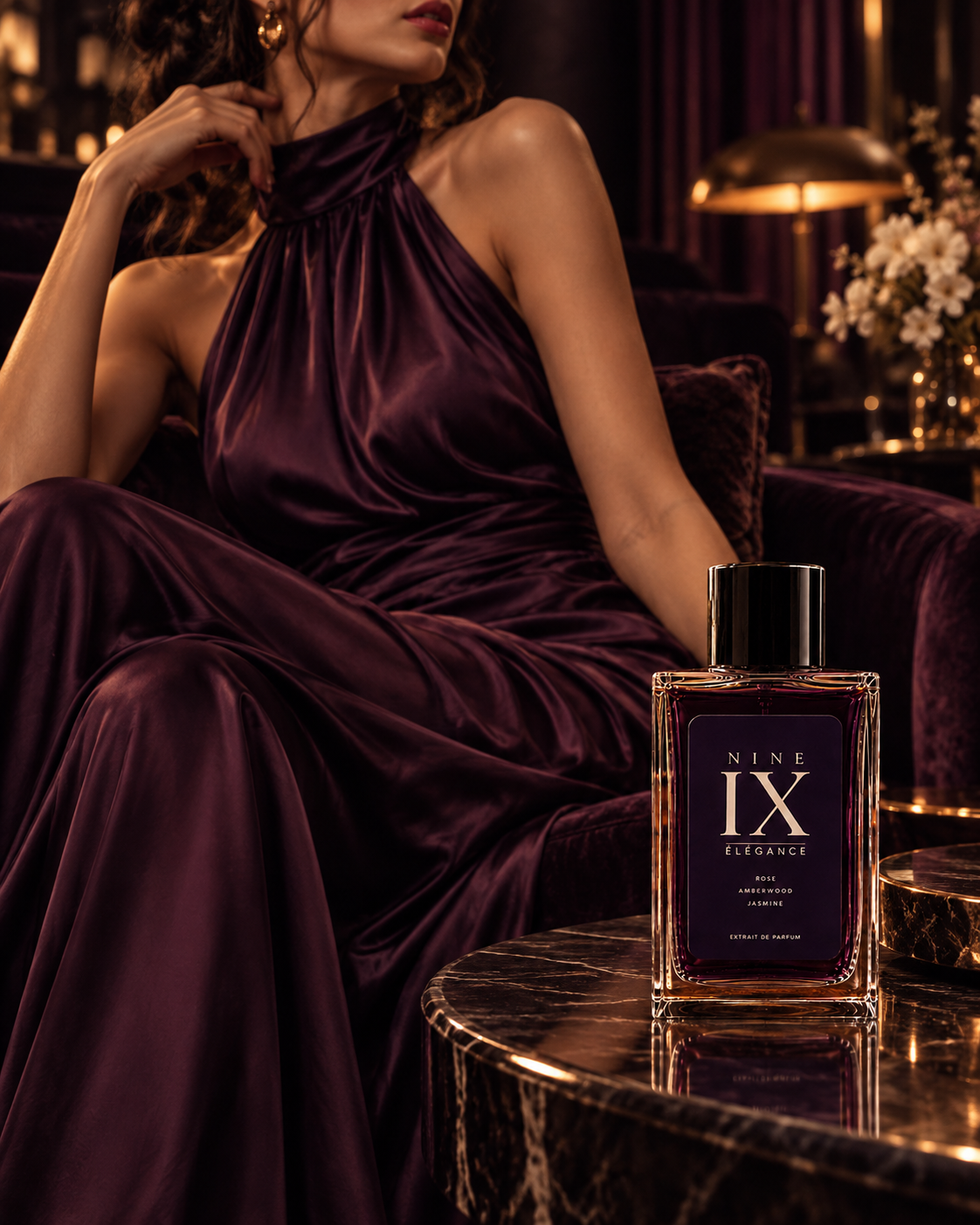 ELEGANCE beside a woman in a plum evening dress